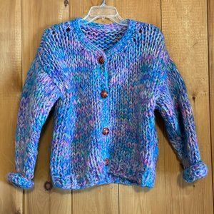 Vintage Chunky knit Leather Button cardigan Sweater Purple Pink Women's M/L